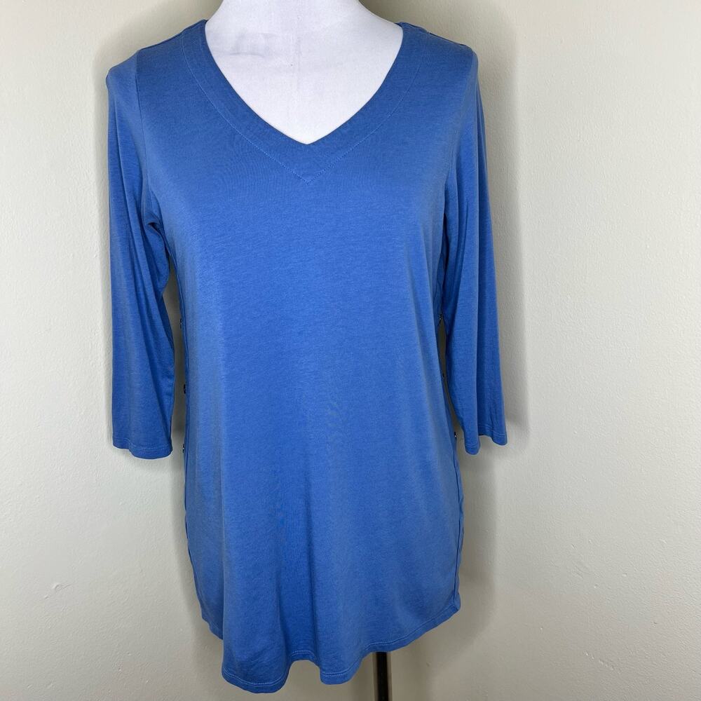 J. Jill Top T-Shirt Small Womens Blue Side Button V-Neck Cotton Modal Minimalist